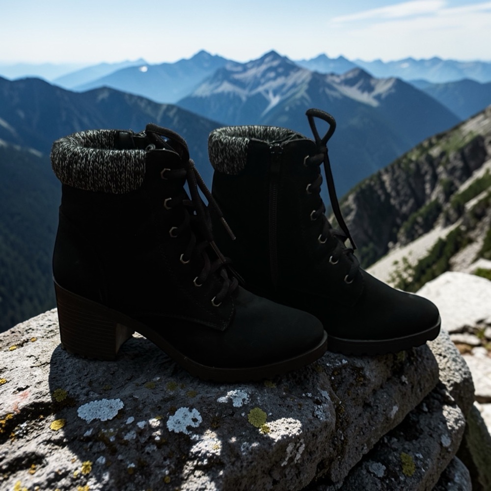 TOP Moda Black Lace-Up Ankle Boots with Knit Cuff - Picture 1 of 9